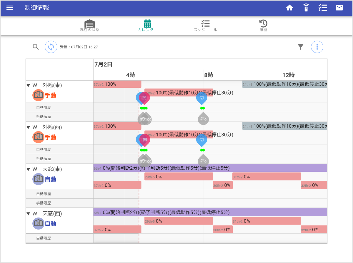 制御条件設定を確認できるアプリケーション画面